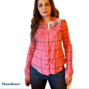 Miss Me Pink Plaid Long Sleeve Casual Shirt S